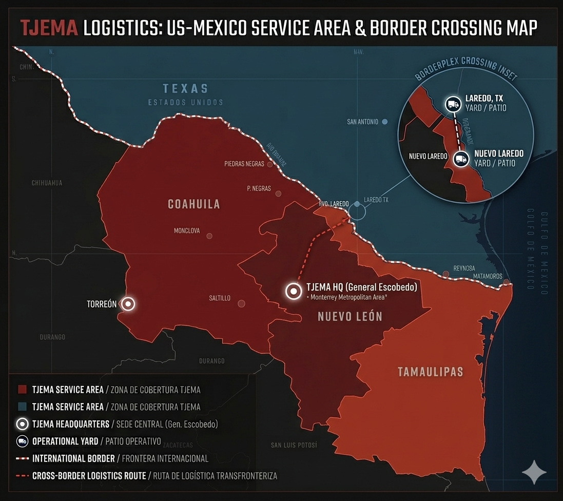 Mapa de cobertura Transportadora JEMA — Noreste México y Texas